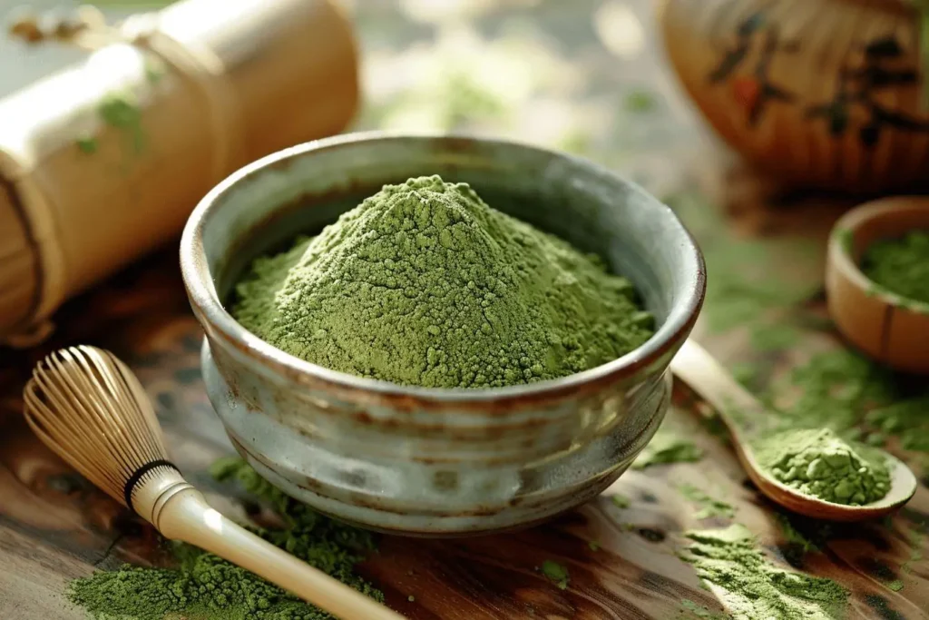 A ceramic bowl filled with vibrant green matcha powder, a key ingredient in the best matcha dessert recipes.