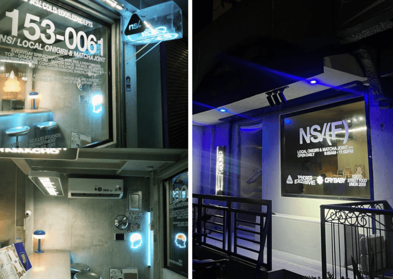 modern, neon-lit onigiri and matcha joint with an industrial aesthetic, featuring sleek signage, ambient blue lighting, and a cozy seating area decorated with unique stickers and artistic elements.